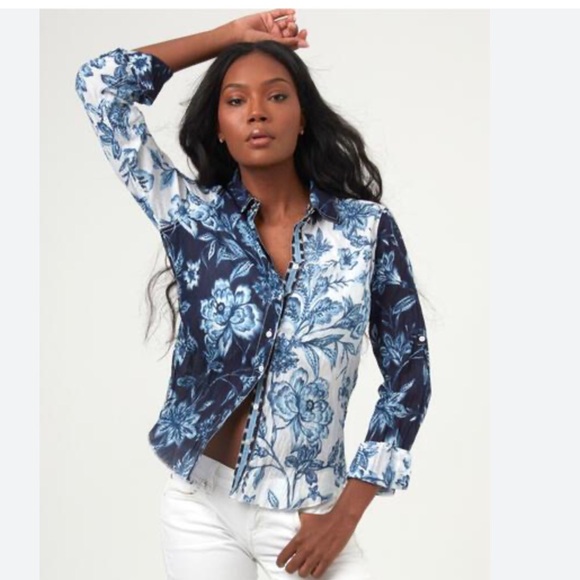 Cino Tops - CINO Blue Floral Button-Down Shirt